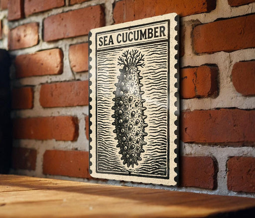 a black and white illustration of a sea cucumber on a brick wall.