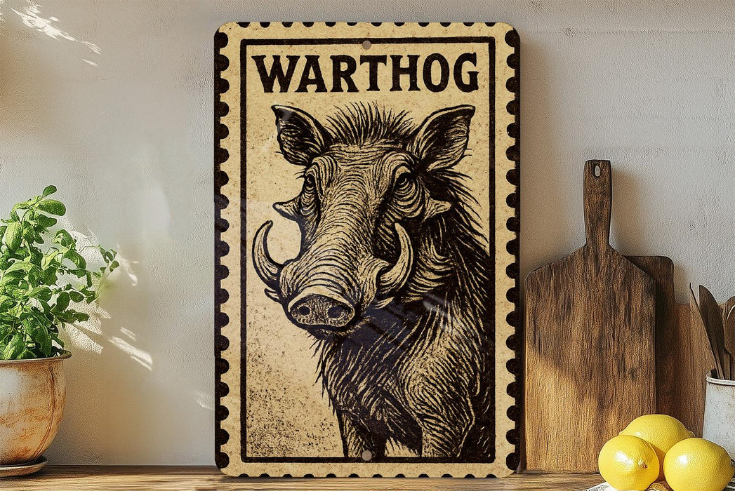a wooden sign with a picture of a warthog, placed on a shelf next to a wooden cutting board and some lemons.