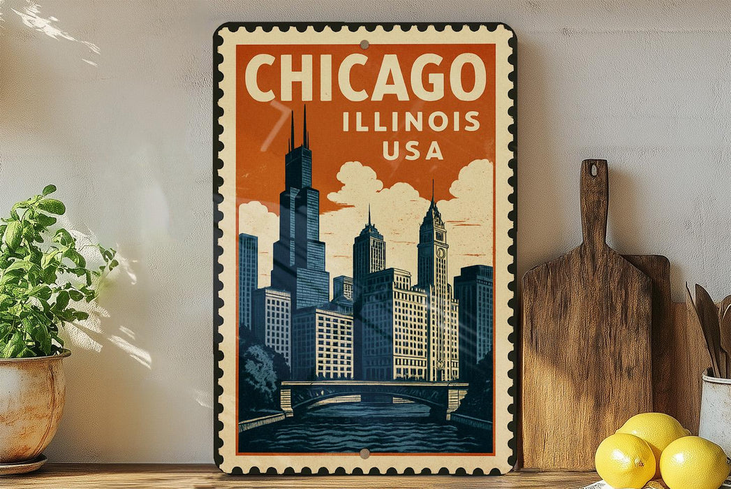 A vintage-style metal sign with a cityscape illustration, featuring the text "CHICAGO ILLINOIS USA" prominently displayed.
