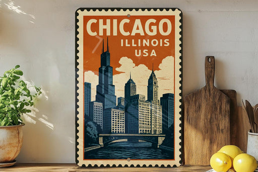 A vintage-style metal sign with a cityscape illustration, featuring the text "CHICAGO ILLINOIS USA" prominently displayed.