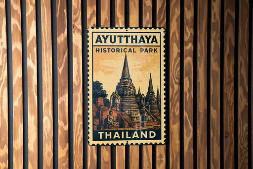 A vintage-style postage stamp from Ayutthaya Historical Park in Thailand, featuring an illustration of a temple and the text "Ayutthaya Historical Park" and "Thailand".