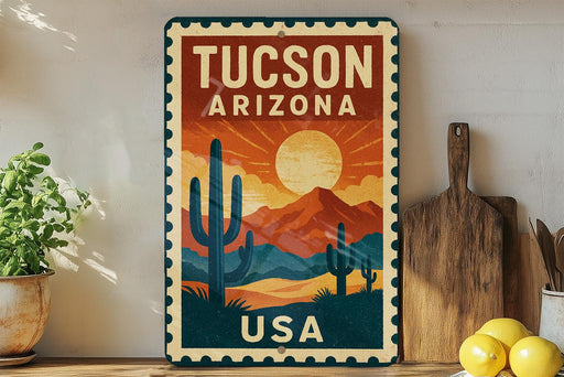 A vintage-style metal sign displaying the text "Tucson, Arizona USA" with a desert landscape and cacti illustration.