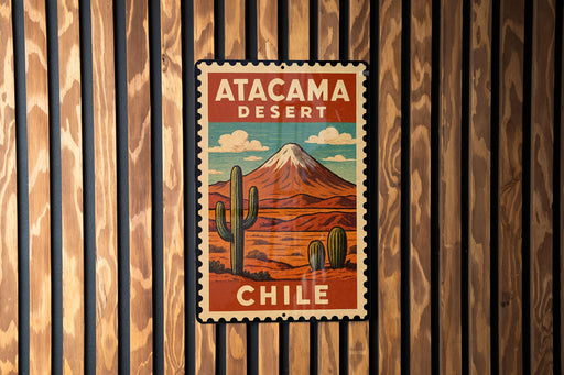 A vintage-style poster of the Atacama Desert in Chile, featuring a mountain landscape with a cactus in the foreground.