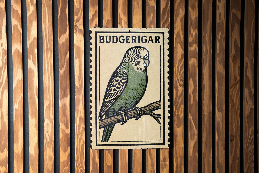 A vintage-style postage stamp featuring a parakeet, with the word "BUDGERIGAR" printed on it.