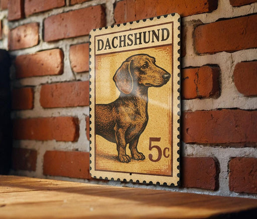 A metal sign featuring a dachshund dog on a brick wall.