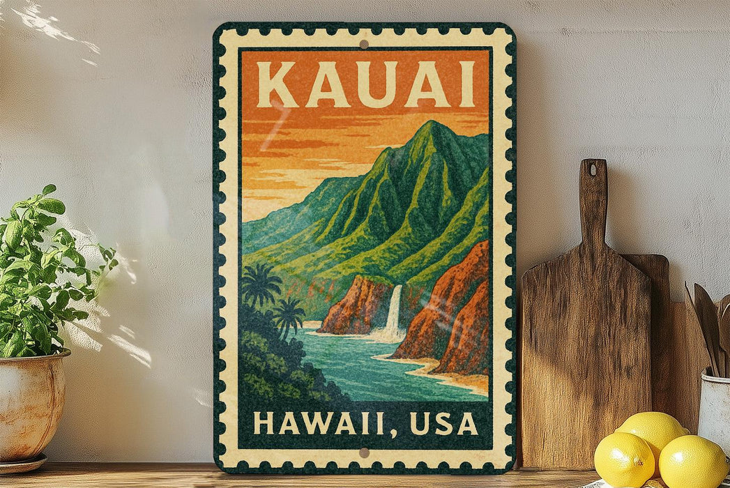 A vintage-style metal sign with the text "Kauai, Hawaii, USA" displayed prominently, featuring a mountainous landscape with a waterfall. The sign is placed on a shelf next to a wooden cutting board and a potted plant.