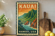 A vintage-style metal sign with the text "Kauai, Hawaii, USA" displayed prominently, featuring a mountainous landscape with a waterfall. The sign is placed on a shelf next to a wooden cutting board and a potted plant.