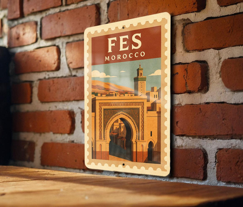 A vintage-style poster of the Fes, or medina, in Morocco, displayed on a brick wall.