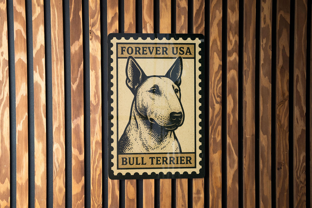 A bull terrier dog is depicted on a sign that reads "Forever USA Bull Terrier" against a wooden background.