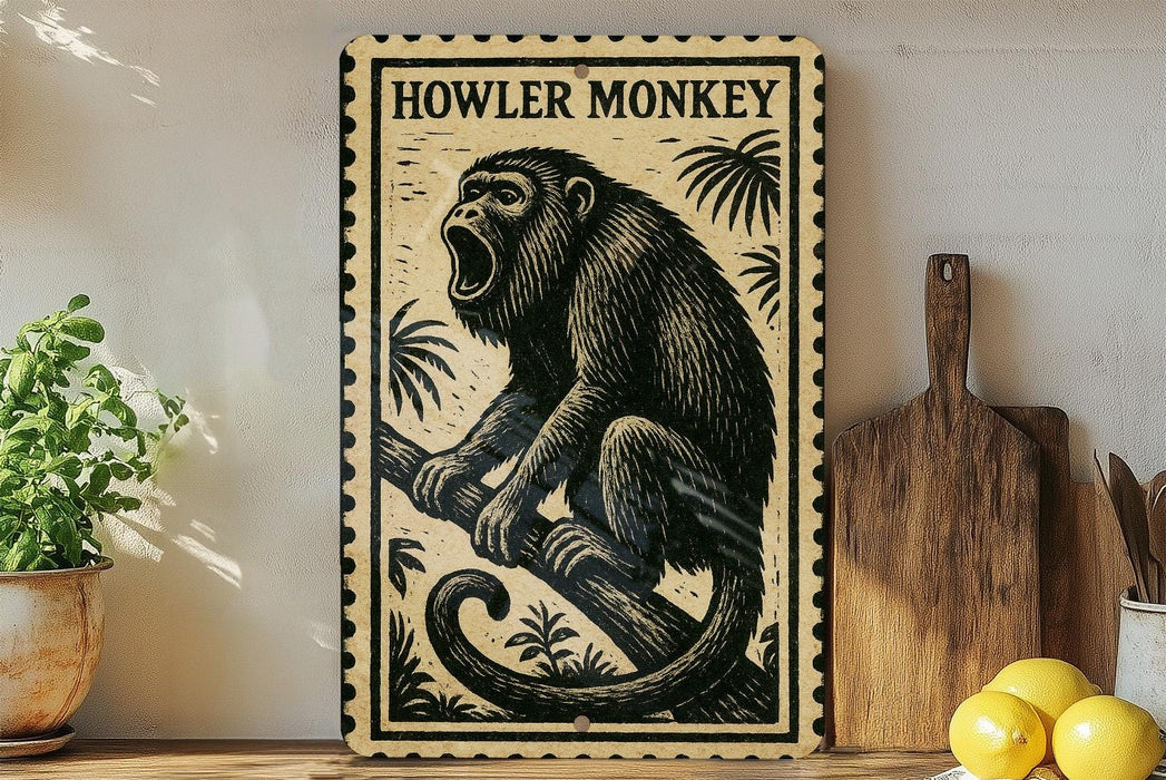 A framed illustration of a howler monkey is displayed on a shelf, accompanied by a wooden cutting board and a potted plant.