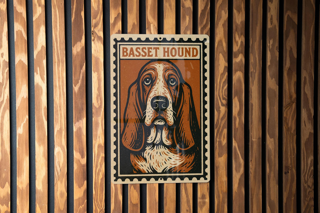 A metal sign with a picture of a Basset Hound on it, mounted on a wooden wall.