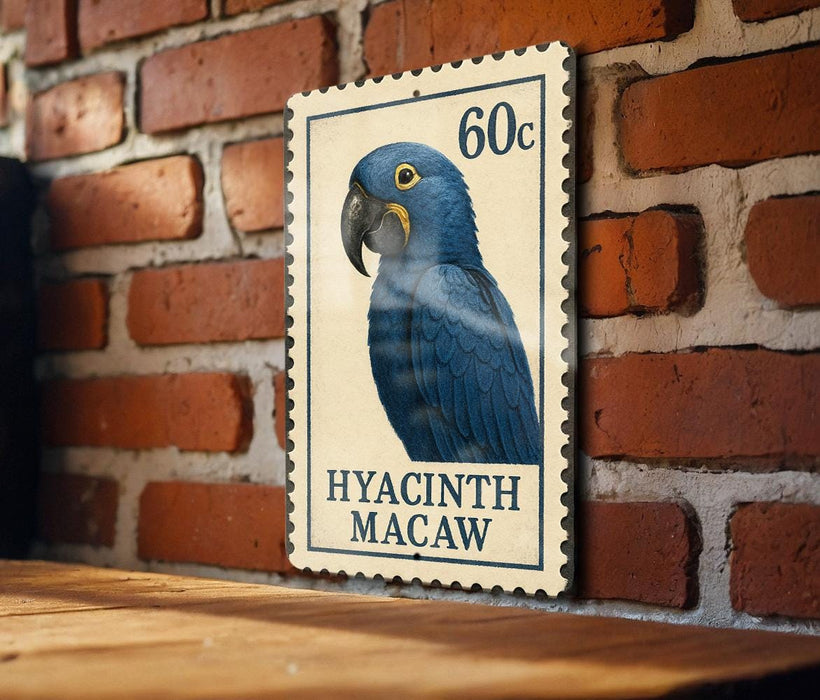 A postage stamp featuring a blue parrot, specifically a hyacinth macaw, is displayed on a brick wall.
