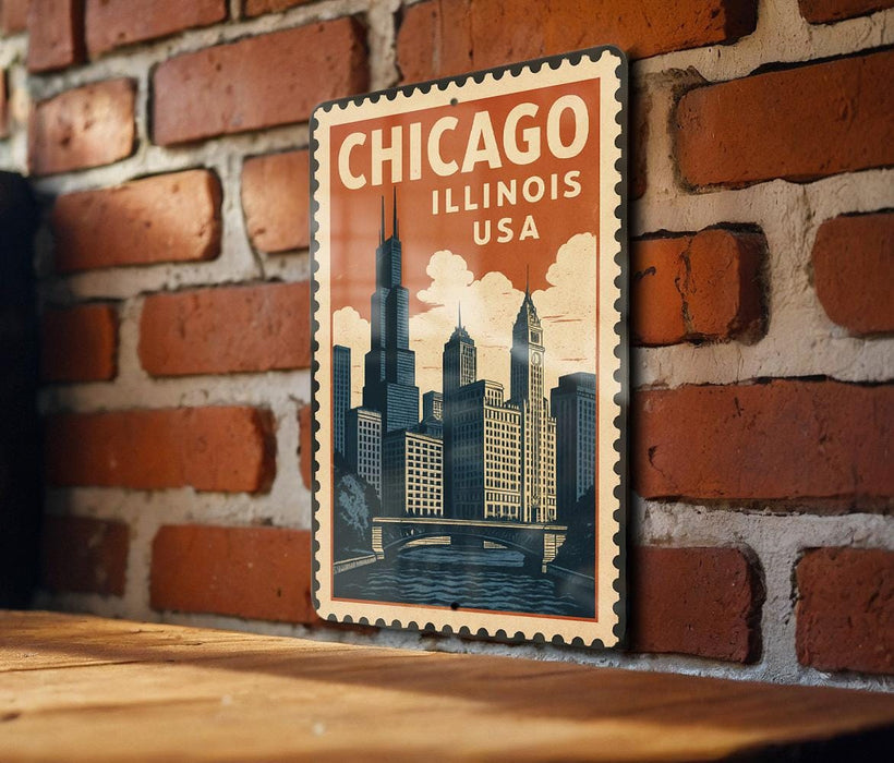A vintage-style metal stamp depicting the Chicago skyline, with the text "CHICAGO ILLINOIS USA" prominently displayed.