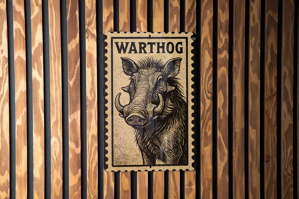 A vintage warthog postage stamp is displayed on a wooden wall.