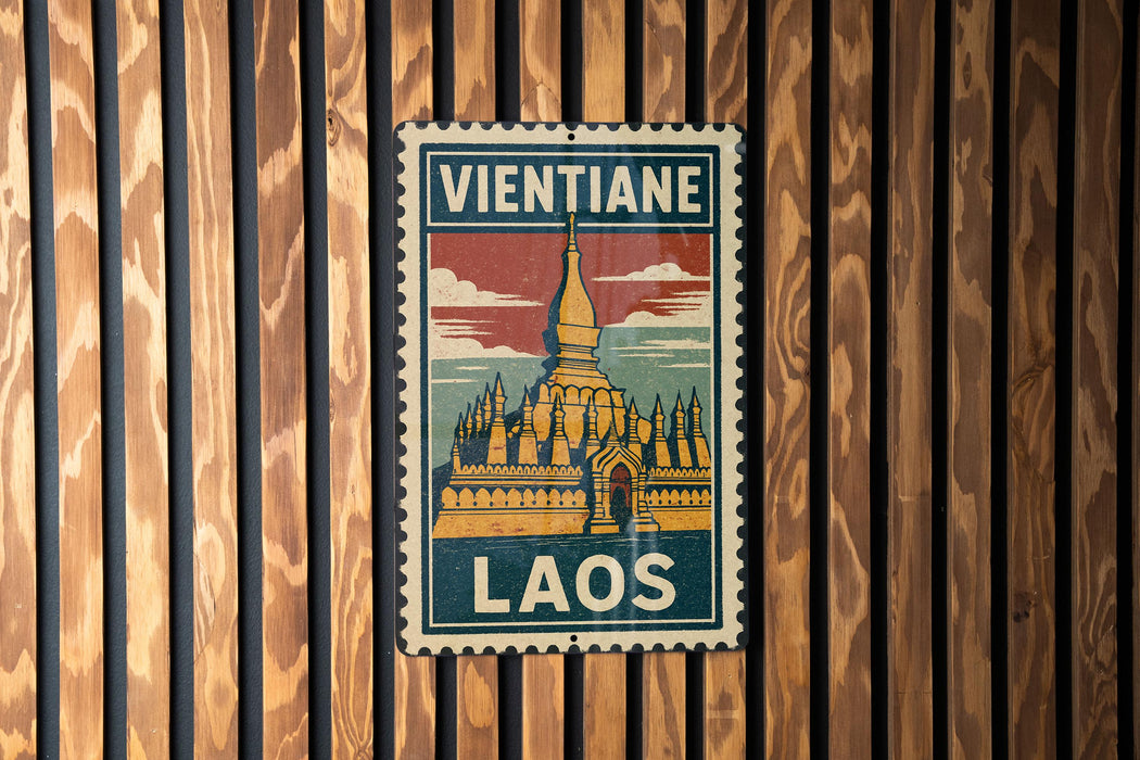 A vintage postage stamp featuring a temple in Laos, with the text "Vientiane LAOS" prominently displayed.