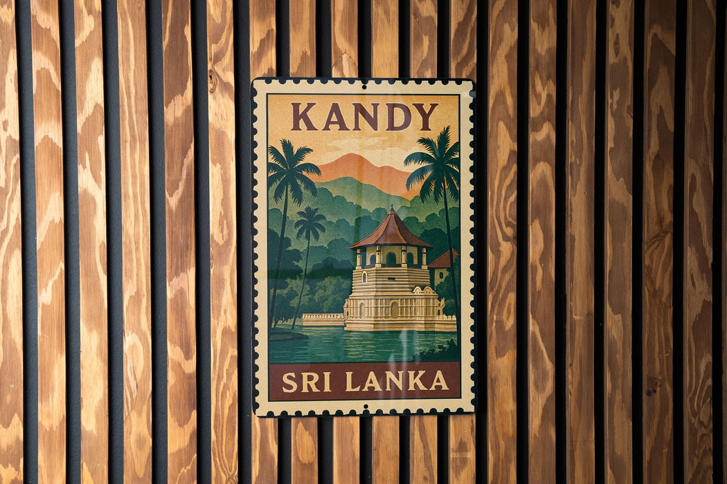 A vintage-style postage stamp from Sri Lanka featuring a temple surrounded by palm trees and mountains.