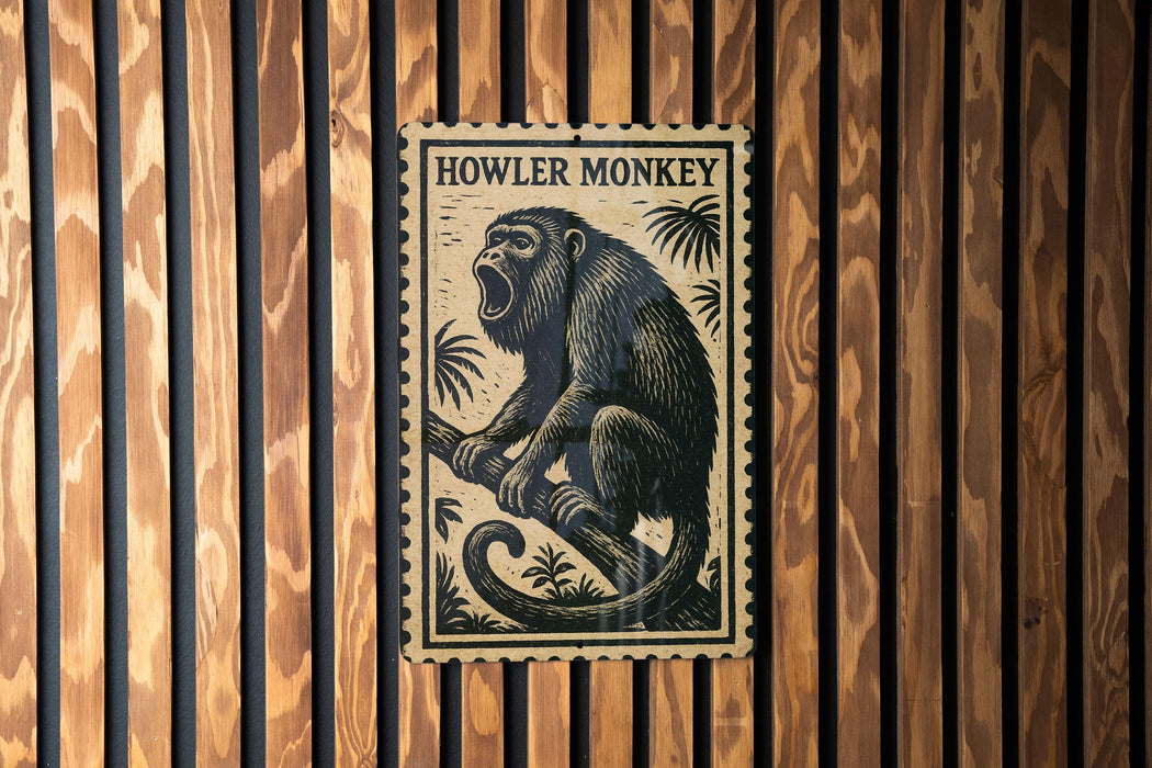 A framed image of a howler monkey is displayed on a wooden wall.
