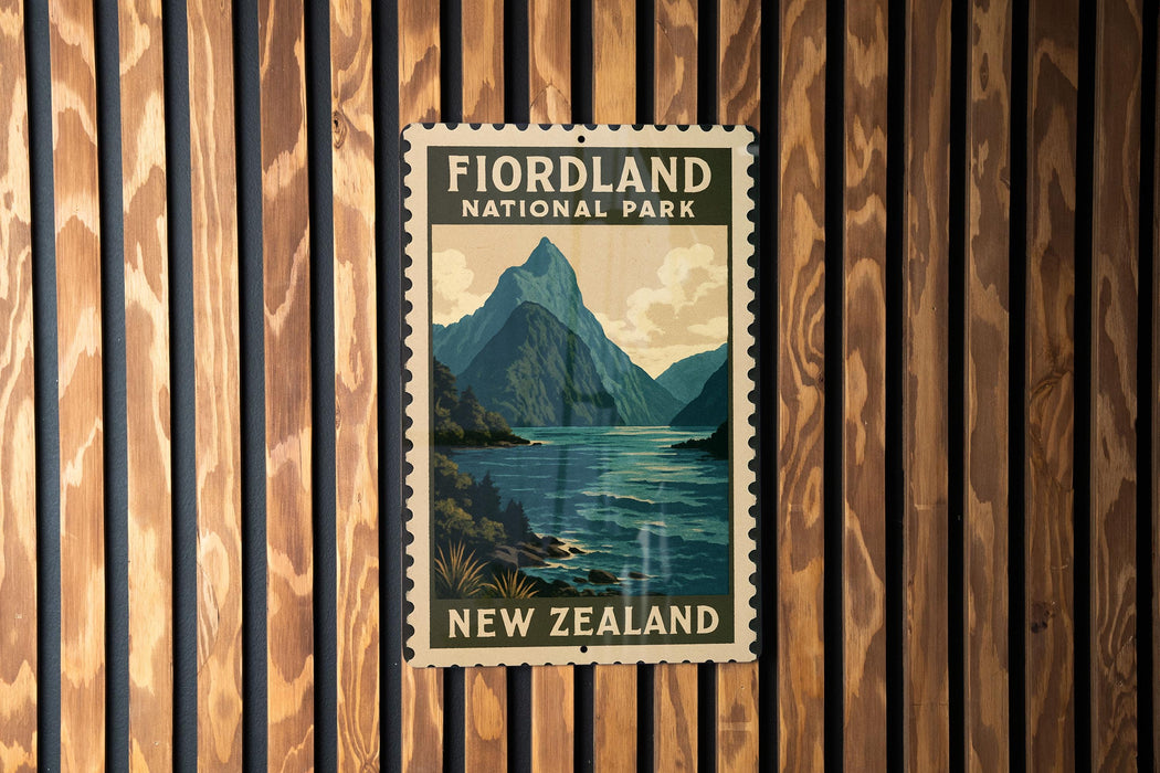 A vintage-style postage stamp depicting a scenic landscape with mountains, water, and a wooden fence in the background.