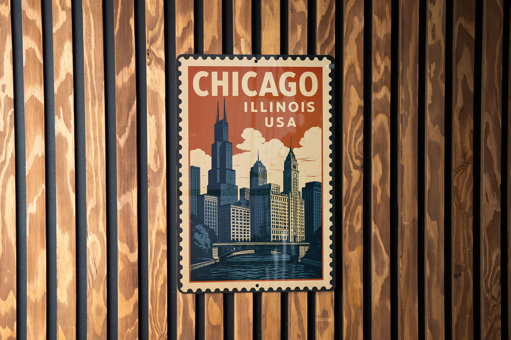 A vintage-style metal stamp depicting the Chicago skyline, with the text "CHICAGO ILLINOIS USA" prominently displayed.