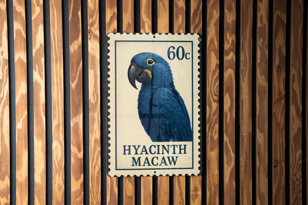 A postage stamp featuring a blue parrot, specifically a hyacinth macaw, is displayed on a wooden wall.