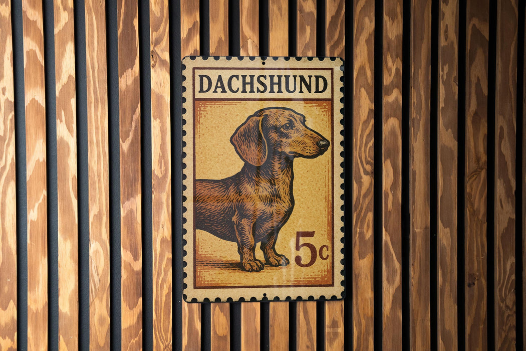 A metal stamp featuring a dachshund dog, with the text "DACHSHUND" and the denomination "5c" printed on it.