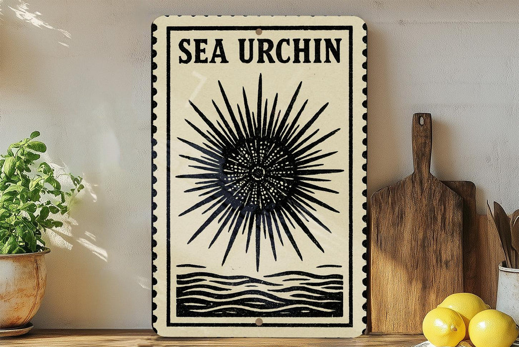 a decorative sign with a sunburst design, placed on a wooden surface next to a wooden cutting board and some lemons.