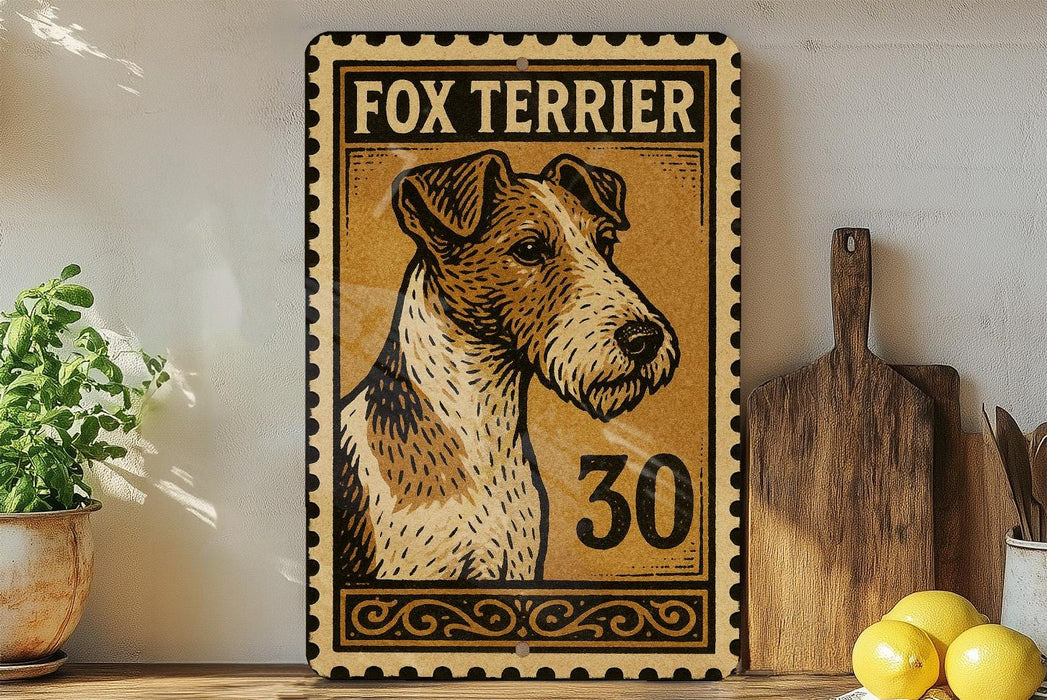 a framed poster of a fox terrier dog, with the number "30" printed on it. The poster is displayed on a shelf next to a wooden cutting board and some lemons.