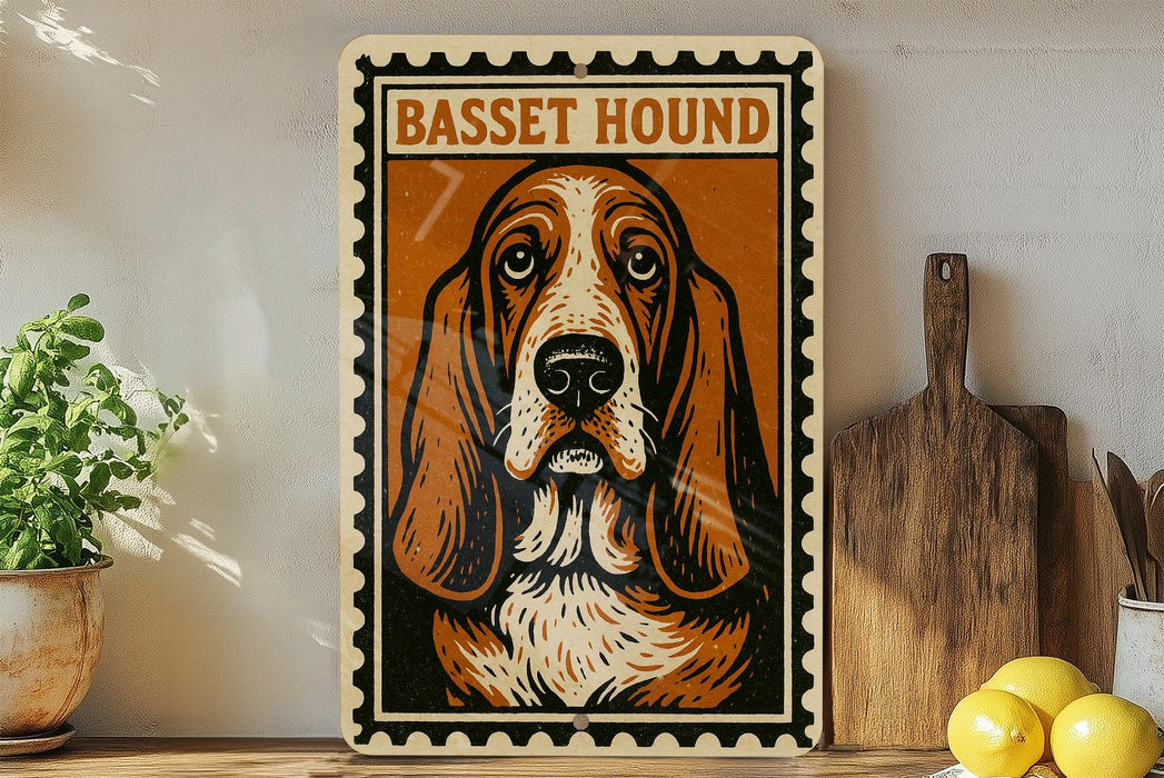 A framed illustration of a Basset Hound dog is displayed on a shelf, accompanied by a wooden cutting board and a potted plant.