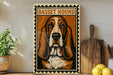 A framed illustration of a Basset Hound dog is displayed on a shelf, accompanied by a wooden cutting board and a potted plant.