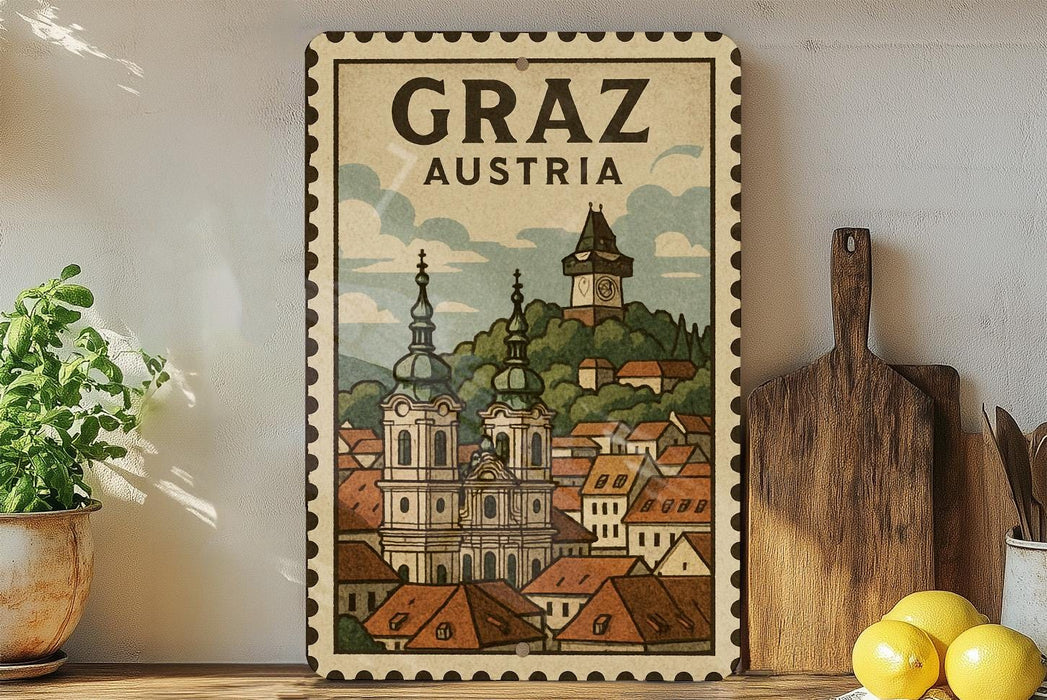 A vintage-style postage stamp depicting the town of Graz, Austria, with a church spire and other buildings in the background.