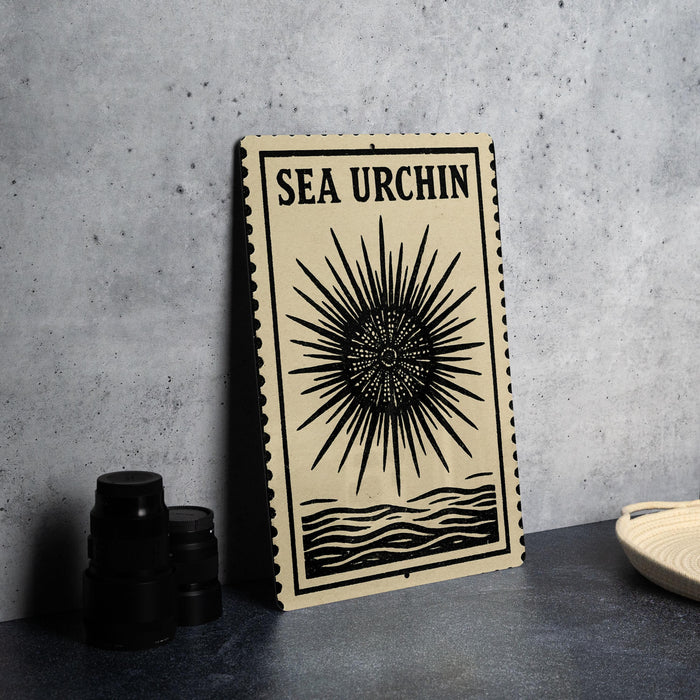 Sea Urchin Metal Sign – Nautical Stamp Style Wall Art, Beach House Decor, Coastal Marine Artwork for Home or Patio