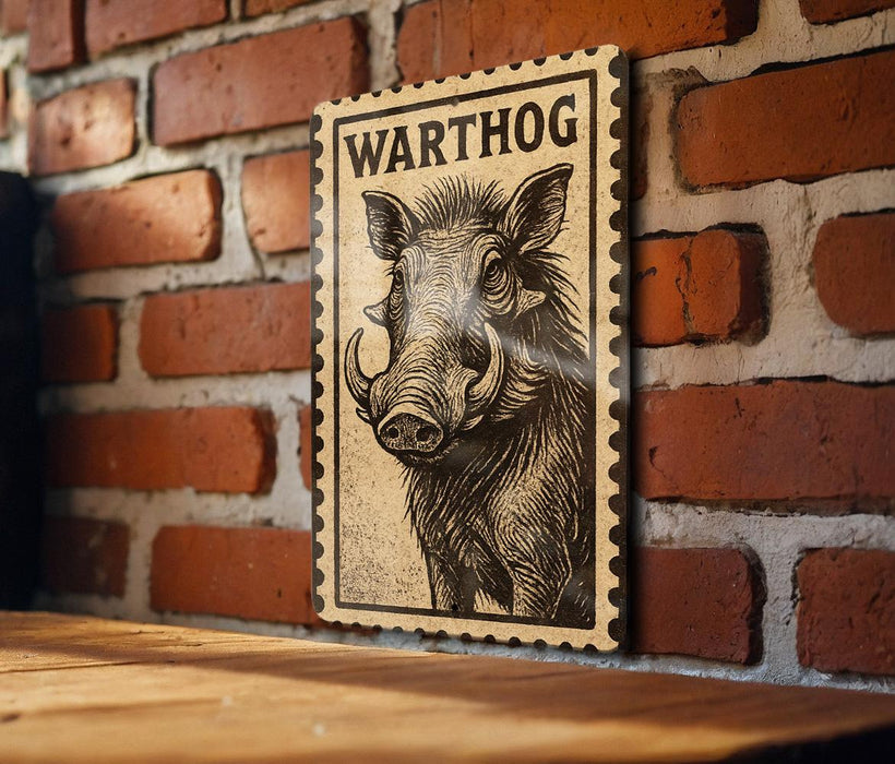A wooden table with a wooden border, and a framed illustration of a warthog on the wall.