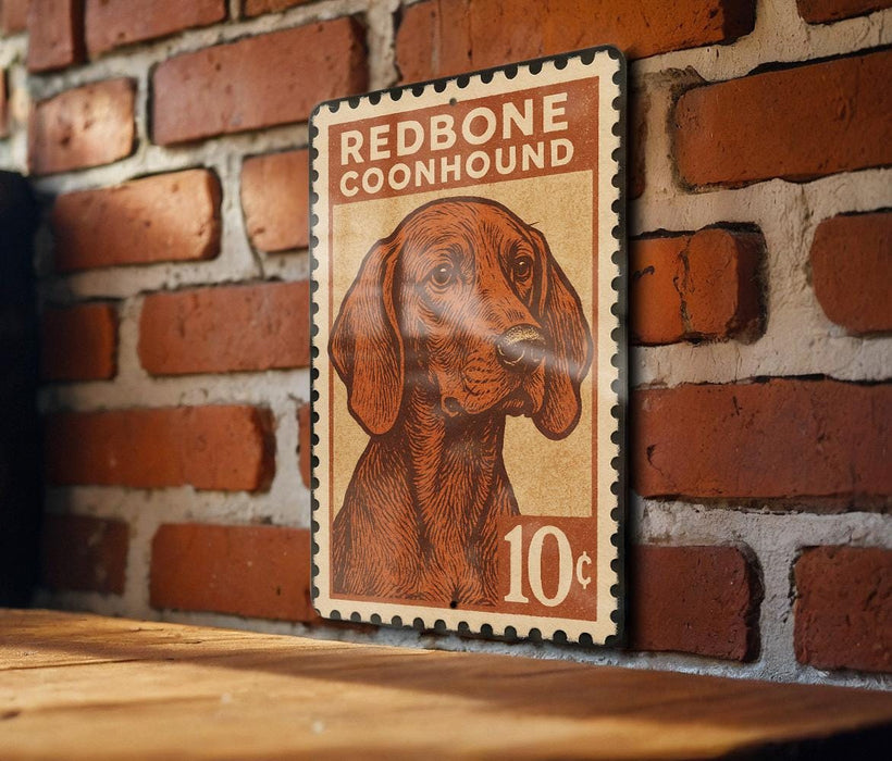 A vintage-style stamp featuring a redbone coonhound dog, with the text "REDBONE COONHOUND" and a value of 10 cents.