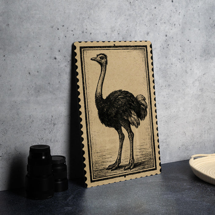 a framed illustration of an ostrich on a wall.