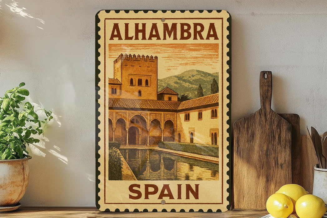 A vintage-style metal sign with a painting of a palace and a courtyard, mounted on a wall next to a wooden cutting board and a potted plant.