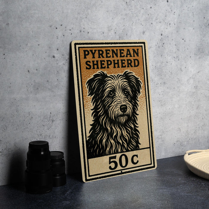 A metal sign with a black and white illustration of a Pyrenean Shepherd dog, along with the text "PYRENEAN SHEPHERD" and the price "50c".