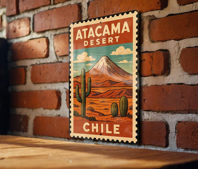 A vintage-style metal sign with a desert landscape and a cactus, mounted on a brick wall.