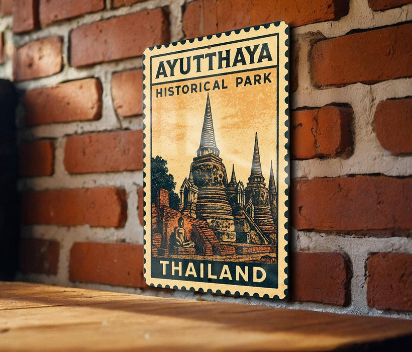 A vintage-style poster of the Ayutthaya Historical Park in Thailand, featuring a temple illustration and the text "Ayutthaya Historical Park" and "Thailand".