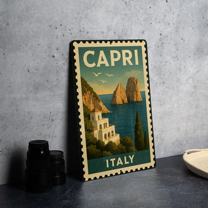 A vintage-style metal sign depicting the picturesque town of Capri, Italy, with its iconic rock formations and the sea in the background.
