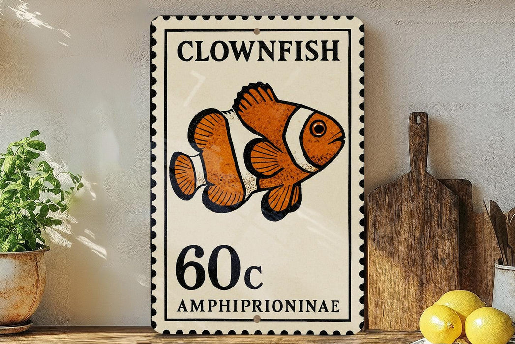 A vintage-style stamp featuring an illustration of a clownfish, with the text "CLOWNFISH" and "AMPHIPRIIONINAE" printed on it. The stamp is placed on a wooden surface, with a potted plant, a cutting board, and some lemons nearby.