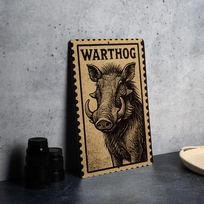 A wooden frame with a printed illustration of a warthog on it, placed on a table next to some black camera lenses.