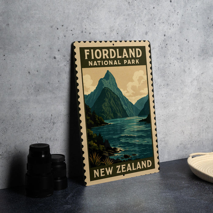 a metal sign with a mountain landscape and water, placed on a table next to some black camera lenses.