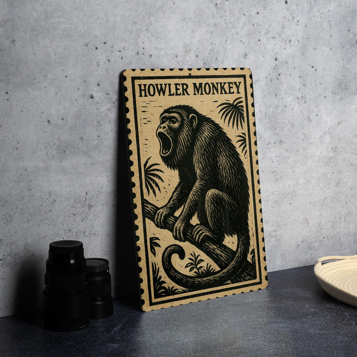 A framed illustration of a howler monkey is displayed on a wall, with a stack of black camera lenses to the left and a white dish to the right.