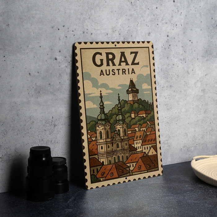 A vintage postage stamp depicting the city of Graz, Austria, with a church and other buildings in the background.