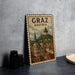 A vintage postage stamp depicting the city of Graz, Austria, with a church and other buildings in the background.