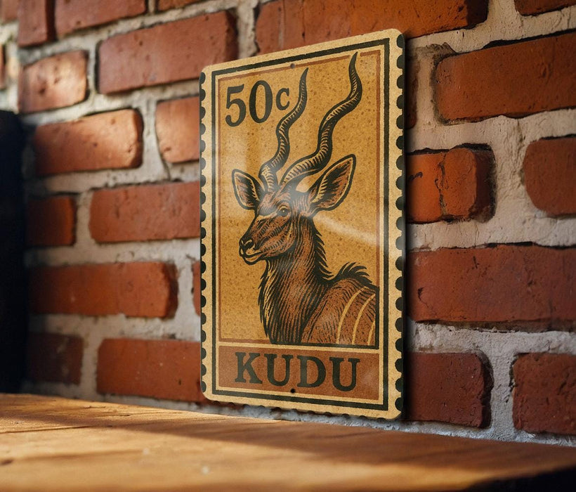 A wooden table with a decorative stamp featuring an illustration of a gazelle or antelope, mounted on a brick wall.