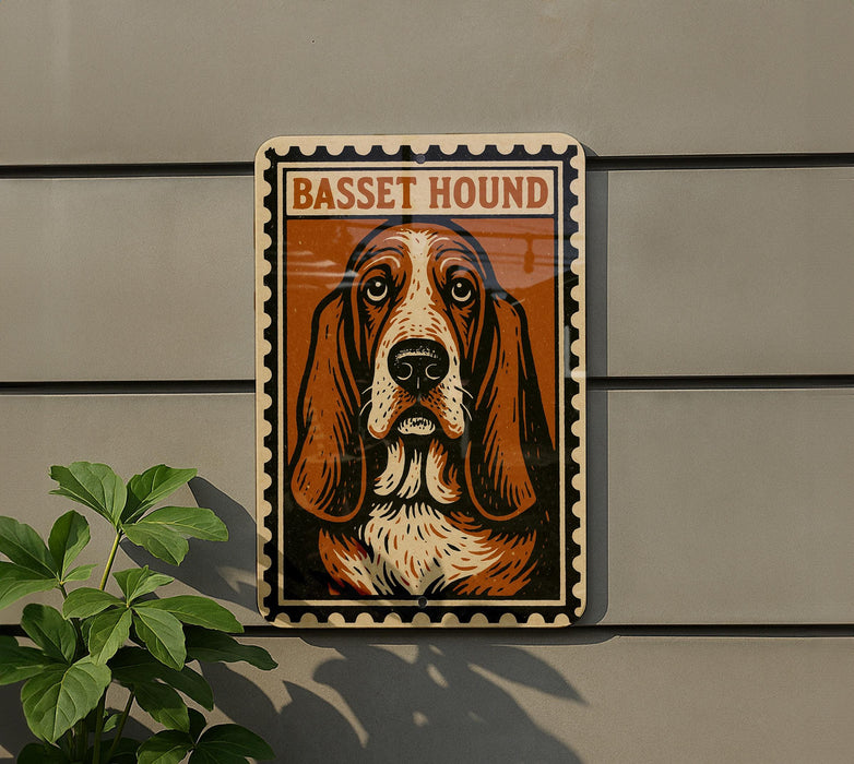 A framed poster of a Basset Hound dog is displayed on a wall, with a plant to the left of the frame.