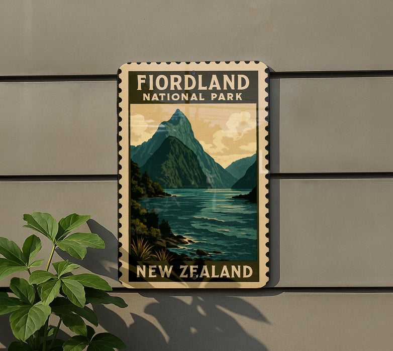 a vintage-style poster of Fiordland National Park in New Zealand, with a mountain landscape and a body of water.