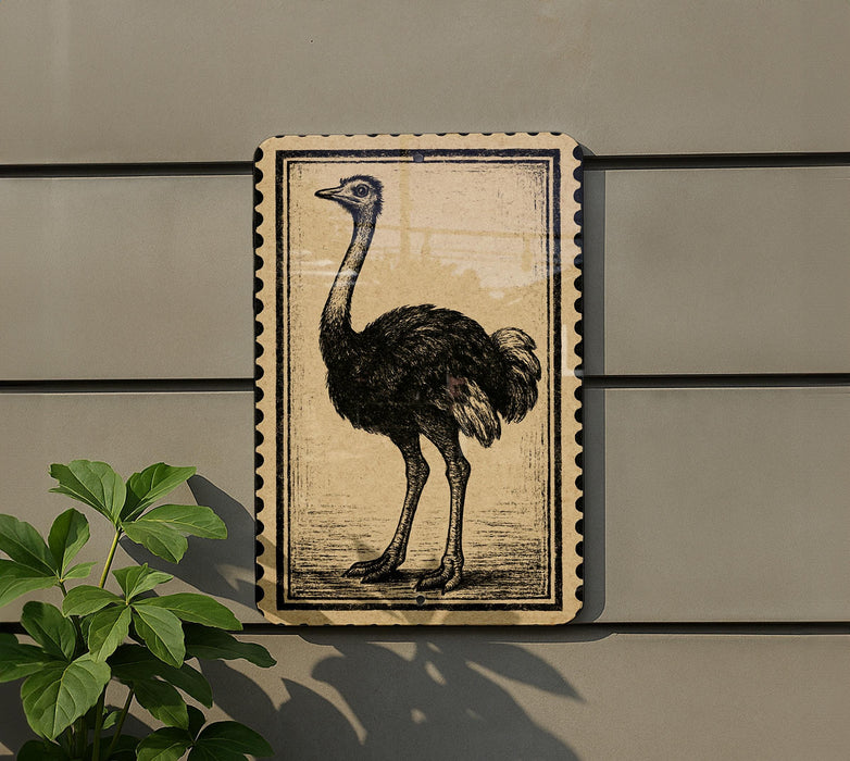 a large, detailed illustration of an ostrich on a wall.