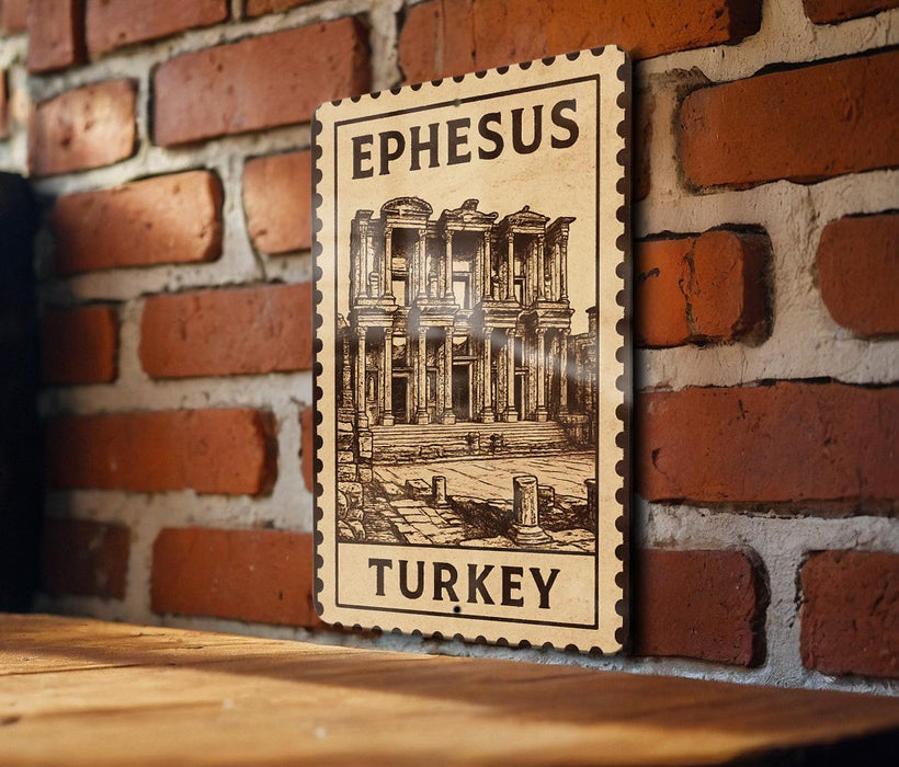 A wooden sign with an illustration of an ancient building, mounted on a brick wall.
